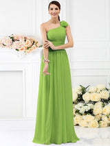 Elegant One Shoulder Pleats Hand-Made Flower Sleeveless Long Chiffon Bridesmaid Dresses-Dbrbridal