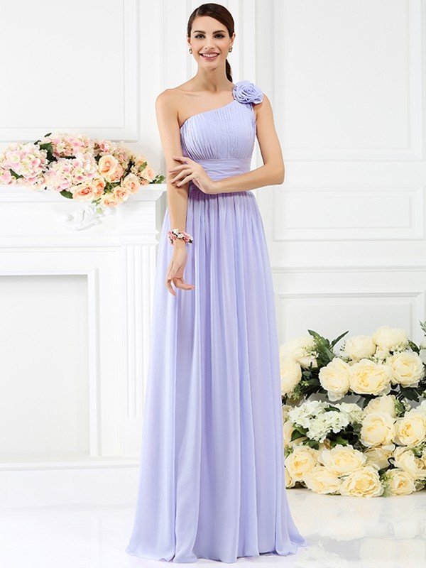 Elegant One Shoulder Pleats Hand-Made Flower Sleeveless Long Chiffon Bridesmaid Dresses-Dbrbridal