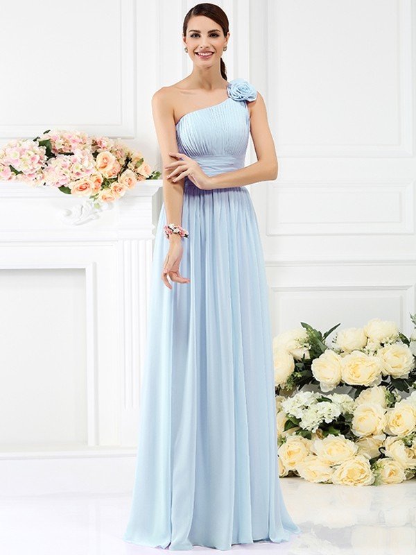 Elegant One Shoulder Pleats Hand-Made Flower Sleeveless Long Chiffon Bridesmaid Dresses-Dbrbridal