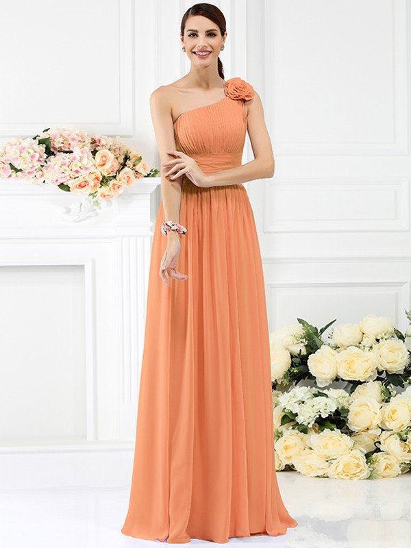 Elegant One Shoulder Pleats Hand-Made Flower Sleeveless Long Chiffon Bridesmaid Dresses-Dbrbridal