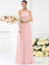 Elegant One Shoulder Pleats Hand-Made Flower Sleeveless Long Chiffon Bridesmaid Dresses-Dbrbridal