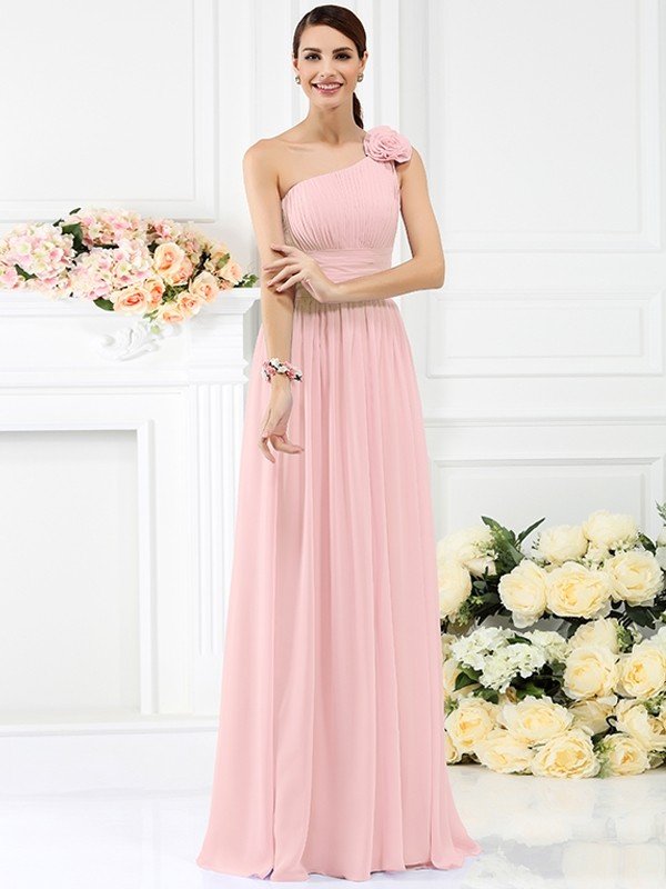 Elegant One Shoulder Pleats Hand-Made Flower Sleeveless Long Chiffon Bridesmaid Dresses-Dbrbridal