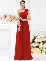 Elegant One Shoulder Pleats Hand-Made Flower Sleeveless Long Chiffon Bridesmaid Dresses-Dbrbridal