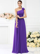 Elegant One Shoulder Pleats Hand-Made Flower Sleeveless Long Chiffon Bridesmaid Dresses-Dbrbridal