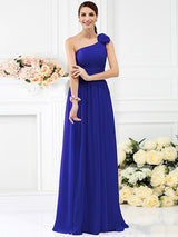 Elegant One Shoulder Pleats Hand-Made Flower Sleeveless Long Chiffon Bridesmaid Dresses-Dbrbridal