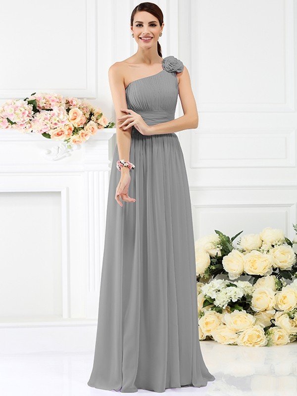 Elegant One Shoulder Pleats Hand-Made Flower Sleeveless Long Chiffon Bridesmaid Dresses-Dbrbridal