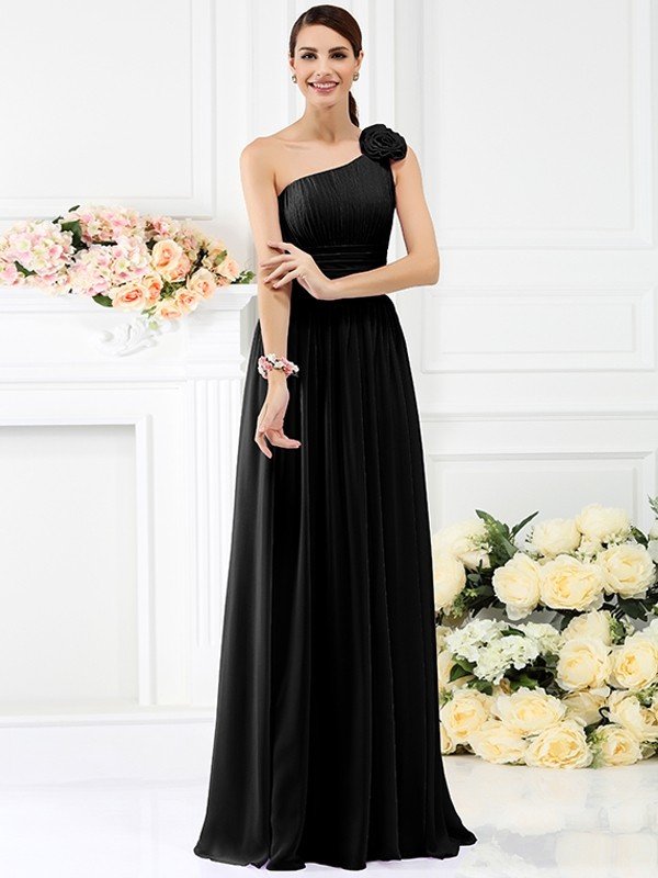 Elegant One Shoulder Pleats Hand-Made Flower Sleeveless Long Chiffon Bridesmaid Dresses-Dbrbridal