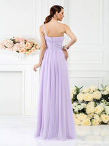 Elegant One Shoulder Pleats Hand-Made Flower Sleeveless Long Chiffon Bridesmaid Dresses-Dbrbridal