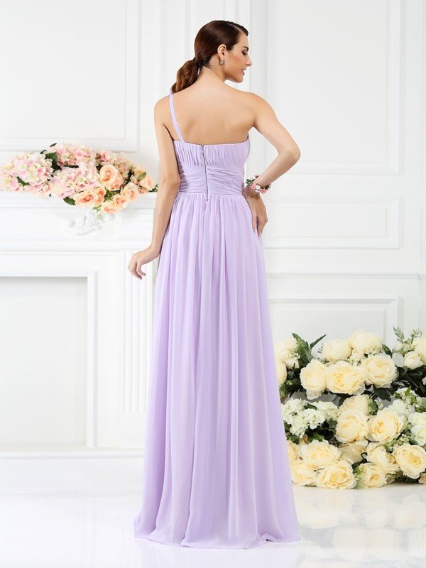 Elegant One Shoulder Pleats Hand-Made Flower Sleeveless Long Chiffon Bridesmaid Dresses-Dbrbridal