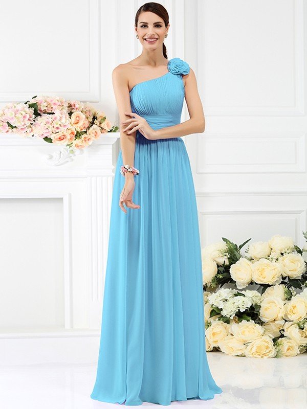 Elegant One Shoulder Pleats Hand-Made Flower Sleeveless Long Chiffon Bridesmaid Dresses-Dbrbridal