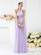 Elegant One Shoulder Pleats Hand-Made Flower Sleeveless Long Chiffon Bridesmaid Dresses-Dbrbridal