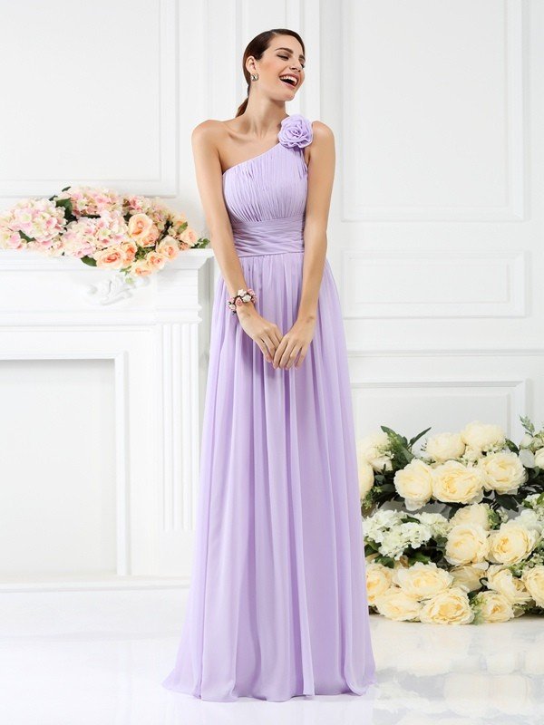 Elegant One Shoulder Pleats Hand-Made Flower Sleeveless Long Chiffon Bridesmaid Dresses-Dbrbridal