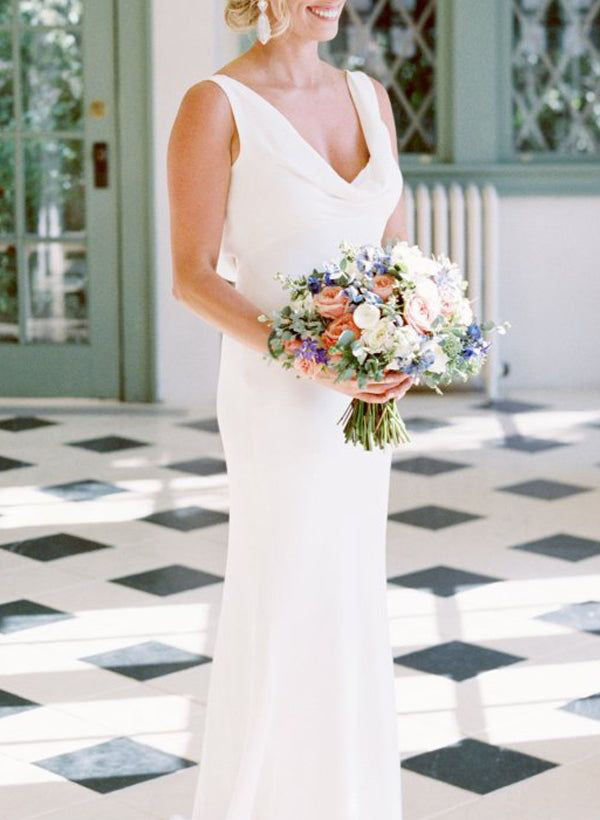 Elegant Petite Cowl Back Sheath Column Wedding Dresses-Dbrbridal