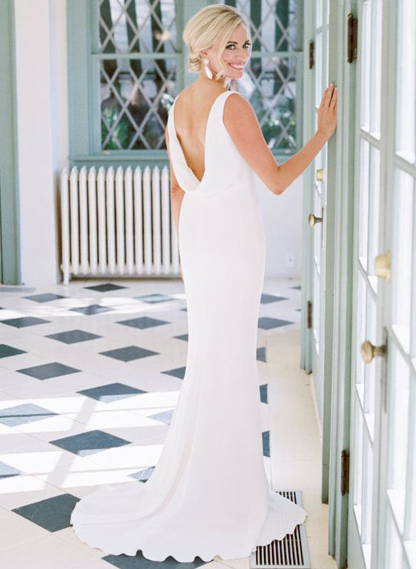 Elegant Petite Cowl Back Sheath Column Wedding Dresses-Dbrbridal