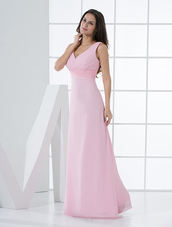 Elegant Pink Deep-V Ruched Chiffon Bridesmaid Dress-Dbrbridal