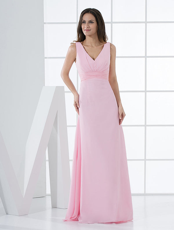 Elegant Pink Deep-V Ruched Chiffon Bridesmaid Dress-Dbrbridal