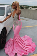 Elegant Pink Mermaid Court Train Prom Dresses wth Silver Beads-Dbrbridal