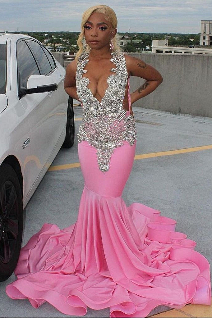 Elegant Pink Mermaid Court Train Prom Dresses wth Silver Beads-Dbrbridal