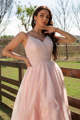 Elegant Pink Sleeveless Ruched Long Evening Dress Online-Dbrbridal