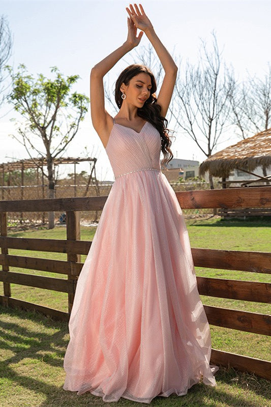 Elegant Pink Sleeveless Ruched Long Evening Dress Online-Dbrbridal