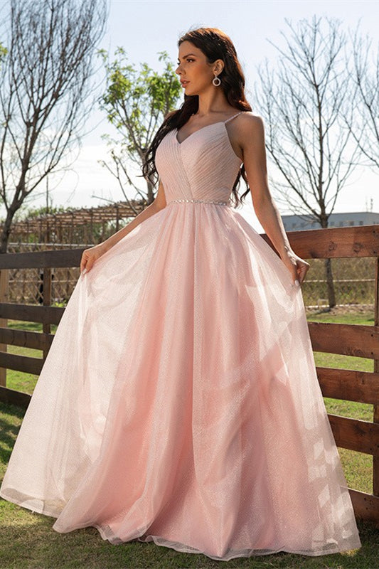 Elegant Pink Sleeveless Ruched Long Evening Dress Online-Dbrbridal