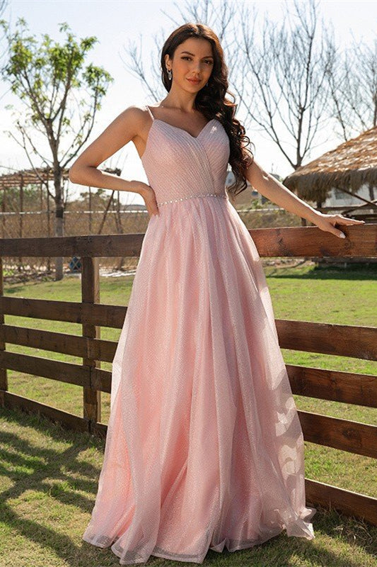 Elegant Pink Sleeveless Ruched Long Evening Dress Online-Dbrbridal