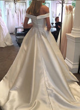 Elegant Satin Chic A-line Wedding Dresses Off-The-Shoulder Sleeveless Design Bows-Dbrbridal