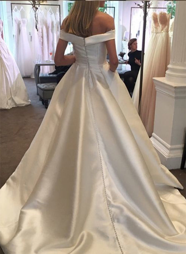 Elegant Satin Chic A-line Wedding Dresses Off-The-Shoulder Sleeveless Design Bows-Dbrbridal