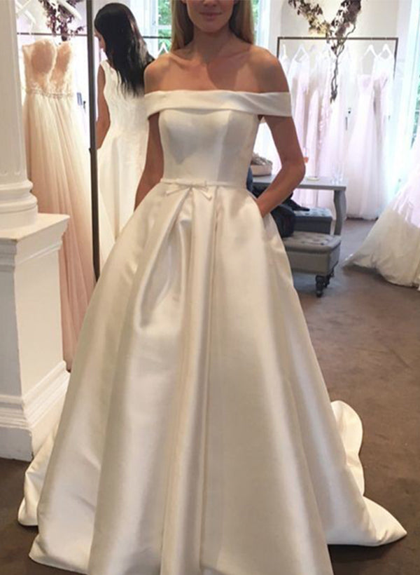 Elegant Satin Chic A-line Wedding Dresses Off-The-Shoulder Sleeveless Design Bows-Dbrbridal