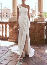 Elegant Satin Mermaid Fitted Wedding Dress One-Shoulder Split Front-Dbrbridal