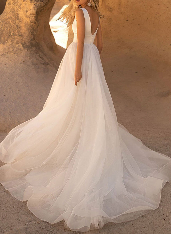 Elegant Satin Tulle Wedding Dresses Chic A-line V-Neck Sleeveless Design Court Train-Dbrbridal