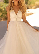 Elegant Satin Tulle Wedding Dresses Chic A-line V-Neck Sleeveless Design Court Train-Dbrbridal