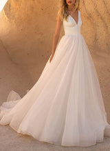 Elegant Satin Tulle Wedding Dresses Chic A-line V-Neck Sleeveless Design Court Train-Dbrbridal