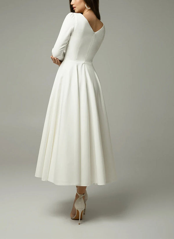 Elegant Satin Wedding Dress Pleated Chic A-line Illusion Neck Long Sleeves-Dbrbridal