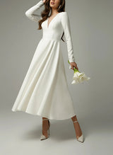 Elegant Satin Wedding Dress Pleated Chic A-line Illusion Neck Long Sleeves-Dbrbridal