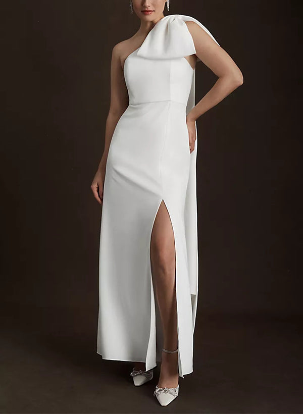 Elegant Satin Wedding Dresses Bows Sheath Fitted Style One-Shoulder Sleeveless-Dbrbridal