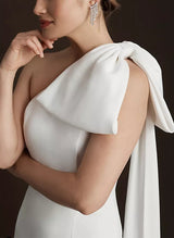 Elegant Satin Wedding Dresses Bows Sheath Fitted Style One-Shoulder Sleeveless-Dbrbridal