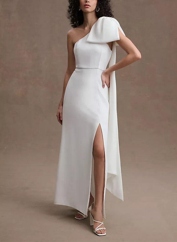 Elegant Satin Wedding Dresses Bows Sheath Fitted Style One-Shoulder Sleeveless-Dbrbridal