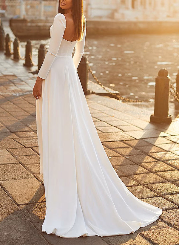 Elegant Satin Wedding Dresses Chic A-line Elegant Sweetheart Long Sleeves-Dbrbridal