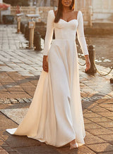 Elegant Satin Wedding Dresses Chic A-line Elegant Sweetheart Long Sleeves-Dbrbridal