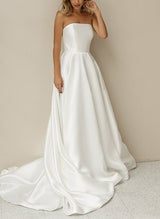 Elegant Satin Wedding Dresses Chic A-line Silhouette Strapless Design Sleeveless Style Sweep Train-Dbrbridal