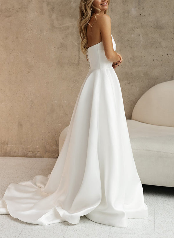 Elegant Satin Wedding Dresses Chic A-line Silhouette Strapless Design Sleeveless Style Sweep Train-Dbrbridal