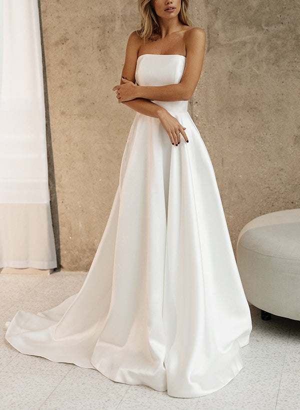 Elegant Satin Wedding Dresses Chic A-line Silhouette Strapless Design Sleeveless Style Sweep Train-Dbrbridal