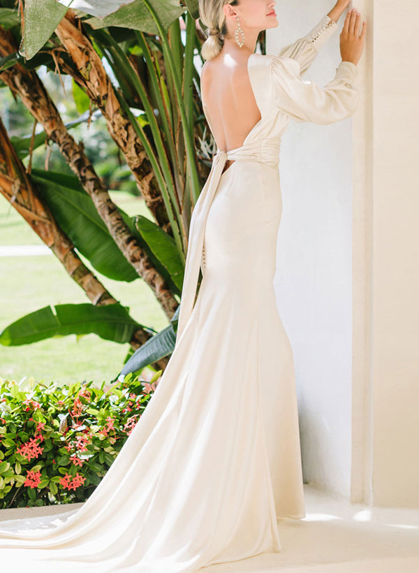 Elegant Satin Wedding Dresses Long Sleeves-Dbrbridal