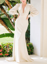 Elegant Satin Wedding Dresses Long Sleeves-Dbrbridal