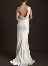 Elegant Satin Wedding Dresses Sheath Fitted Cowl Neck Sleeveless-Dbrbridal