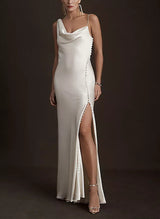 Elegant Satin Wedding Dresses Sheath Fitted Cowl Neck Sleeveless-Dbrbridal