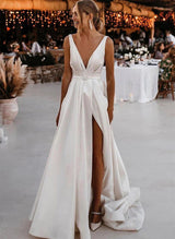 Elegant Satin Wedding Dresses Split Front Chic A-line V-neck Backless-Dbrbridal