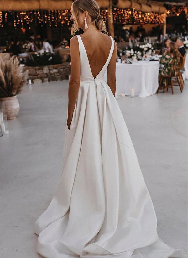 Elegant Satin Wedding Dresses Split Front Chic A-line V-neck Backless-Dbrbridal