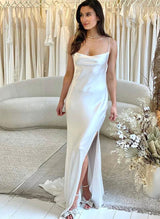 Elegant Satin Wedding Dresses Split Front Sheath Fitted Style Cowl Neck-Dbrbridal